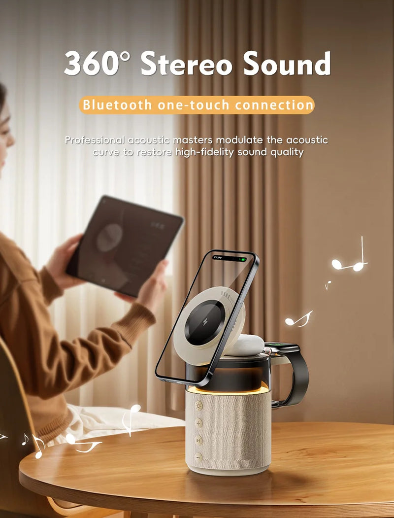 5-In-1 Magnetic Wireless Charging Station with Wireless Speaker Night Light Fast Charger for Iphone Iwatch Airpods with Speaker