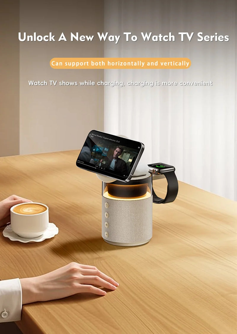 5-In-1 Magnetic Wireless Charging Station with Wireless Speaker Night Light Fast Charger for Iphone Iwatch Airpods with Speaker