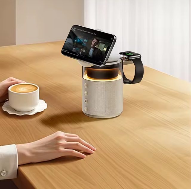 ILENARO sobre una mesa cargando un móvil en horizontal mientras se reproduce contenido, con un reloj también conectado